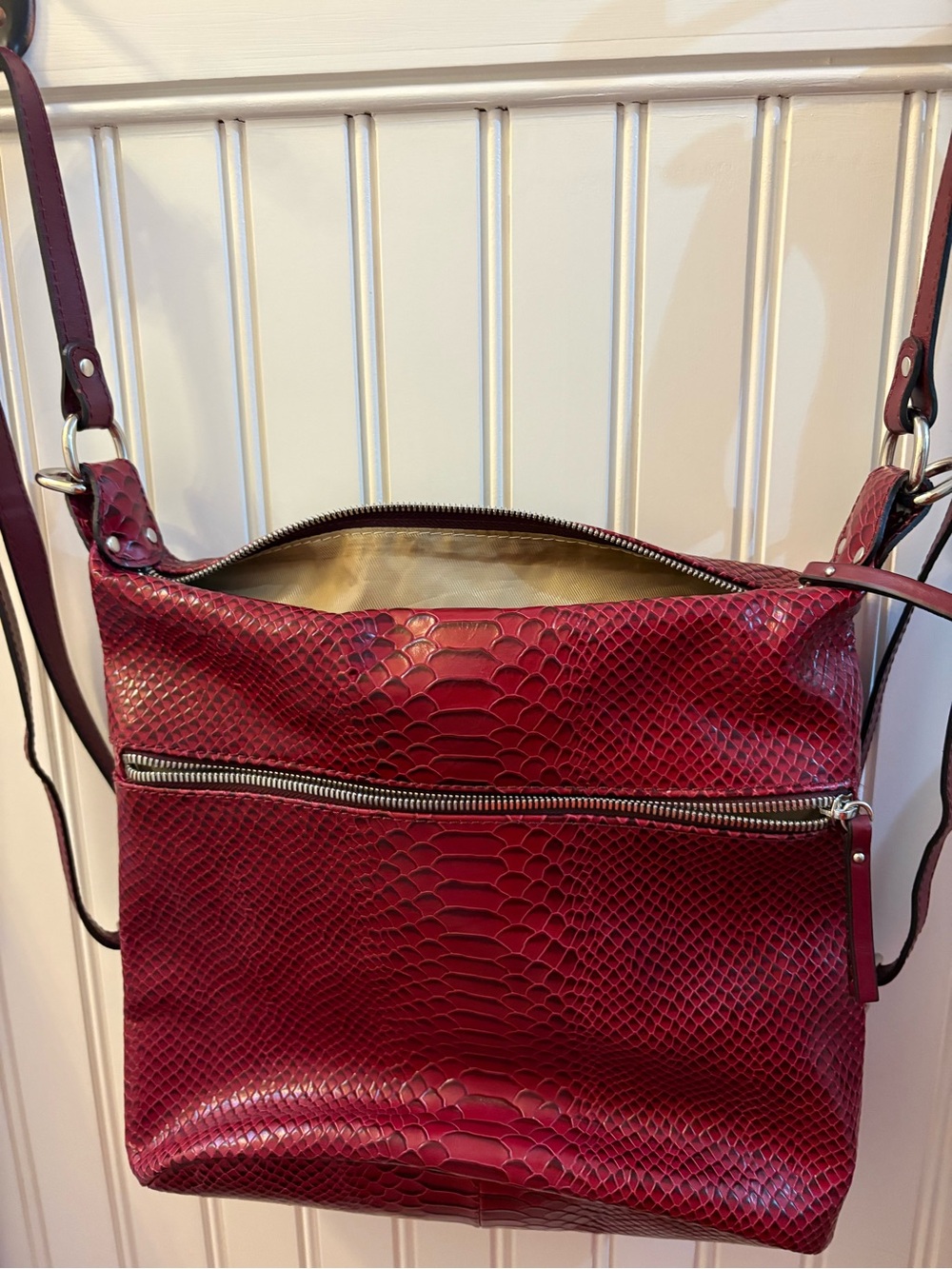 Gianni Conti Red Leather Snake-Embossed Adjustable Backpack/Crossbody Bag